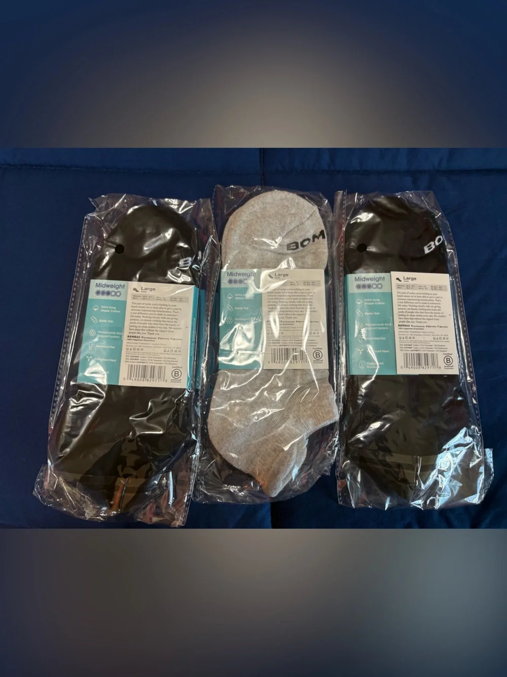3 pairs of Bombas Men's Midweight Ankle Socks Grey Heather Black Large NWT